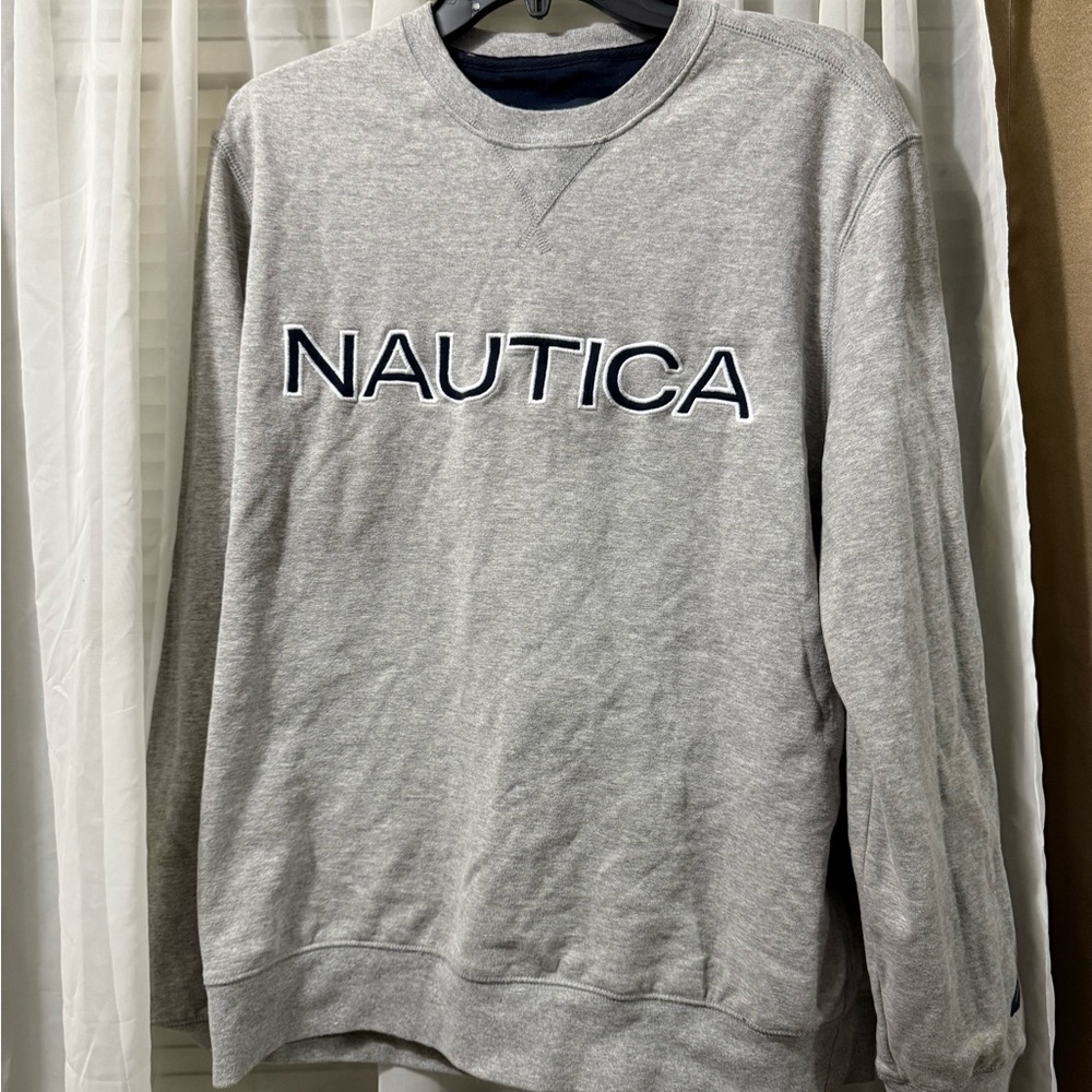 Nautica Gray Crewneck Sweater with Ribbed Cuffs